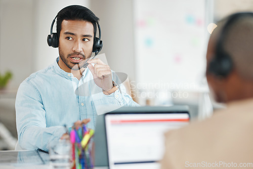 Image of Customer support, office headset and man talking on telemarketing communication, contact us CRM or ERP telecom. Male ecommerce consultant, call center service or tech support consulting on microphone