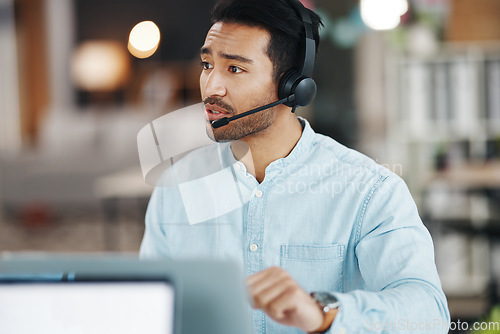 Image of Customer service, office headset and man talking on telemarketing communication, contact us CRM or ERP telecom. Male ecommerce consultant, call center support or tech support consulting on microphone