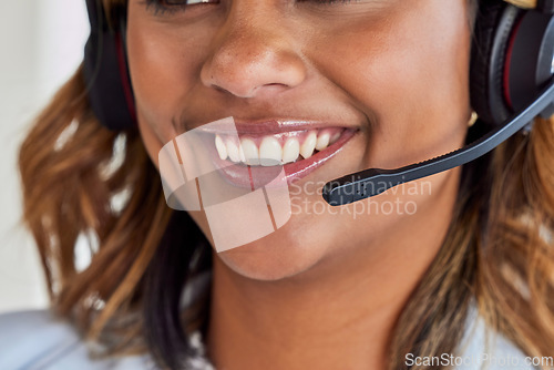 Image of Telecom, call center or mouth of happy woman in lead generation for communications company. Friendly smile, crm or zoom of Indian girl sales agent working online in technical or customer support