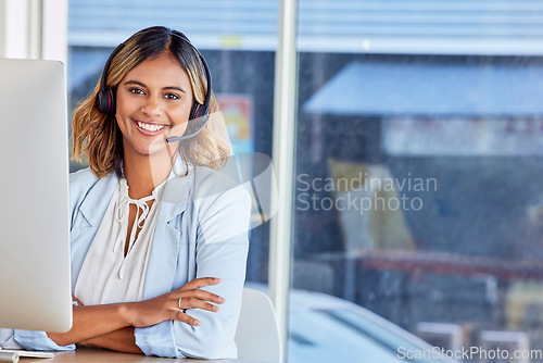 Image of Contact us, call center or portrait of happy woman in lead generation for communications company. Friendly smile, crm or proud insurance sales agent working online in technical or customer services