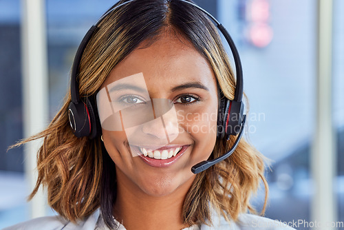 Image of Telecom, call center or portrait of happy woman in lead generation for communications company. Friendly smile, crm or face of Indian girl sales agent working online in technical or customer support