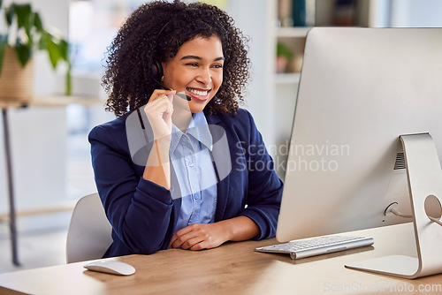 Image of Contact us, call center or happy woman consultant in lead generation for communications company. Friendly smile, crm or girl insurance sales agent working online in technical or customer services