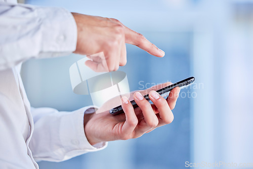 Image of Hands, phone and touchscreen with a business man in his office, closeup for communication or networking. Mobile, contact and internet with a male employee typing a text message or making a call