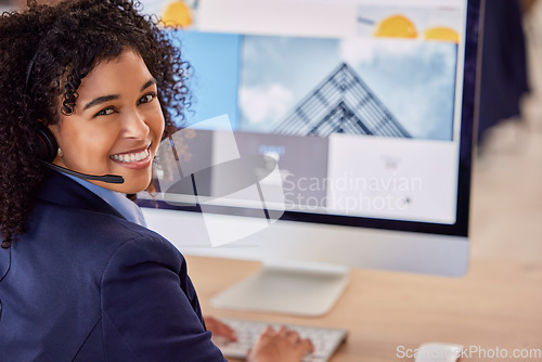 Image of Crm, call center or portrait of happy woman by computer screen in communications company. Friendly smile, lead generation or face of girl insurance sales agent working online in pc customer support