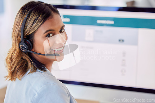 Image of Contact us, call center or portrait of happy woman by computer screen in communications company. Friendly smile, crm or face of insurance sales agent working online in technical or customer support