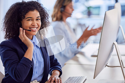 Image of Contact us, call center or portrait of friendly consultant woman by computer in communications company. Happy smile, crm or face of insurance sales agent working online on telecom customer support pc