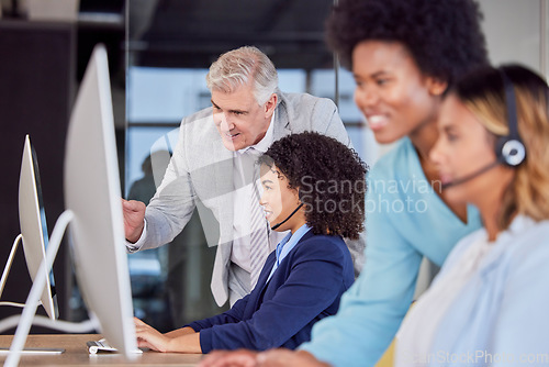 Image of Leadership, woman training or manager in call center coaching telemarketing employee in customer services. Contact us, crm help desk or senior mentor teaching happy agent on new job by computer