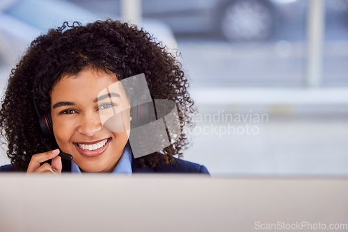 Image of Smile, call center portrait or happy woman consultant in lead generation for communications company. Friendly crm, contact us or girl insurance sales agent working online in telecom customer services