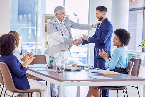 Image of Handshake, applause or happy business people with success, investment deal or b2b agreement in meeting. HR hiring welcome, thank you or job interview negotiation with senior human resources manager