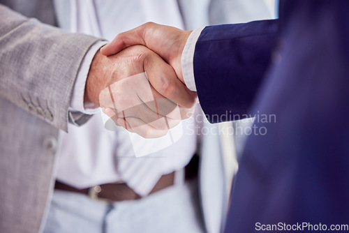 Image of Closeup, business and handshake with employees, staff and collaboration in workplace, success and agreement. Zoom, hands or coworkers with partnership, greeting and welcome with support or solidarity