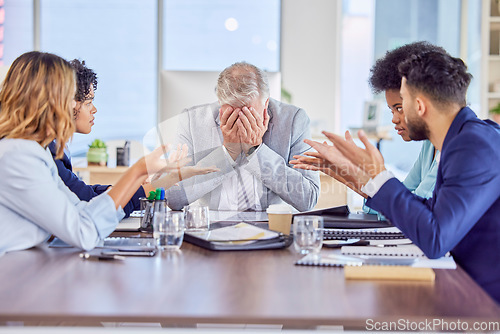 Image of Senior businessman in meeting with headache, anxiety or stress with mental health emergency in work office. Sick company manager with burnout and frustrated with migraine pain, problems or mistake