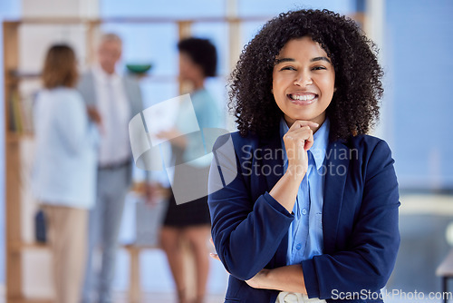 Image of Portrait, vision and mindset with a business black woman in her office, standing on chin for future thinking. Face, mission and idea with a female employee looking confident in company success