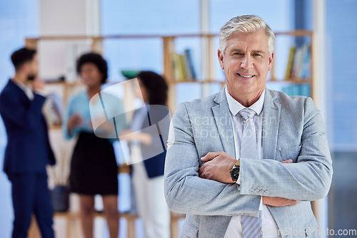 Image of Business man, leadership and arms crossed in portrait with senior executive, boss and smile in workplace. Team leader, management and professional mature male, CEO and happy with career success