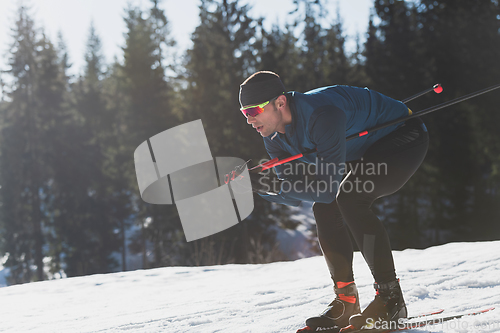 Image of Nordic skiing or Cross-country skiing classic technique practiced by man in a beautiful panoramic trail at morning.