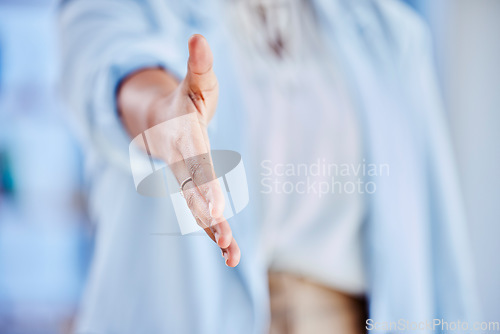 Image of Welcome, hands and handshake closeup by hr woman in office for interview, business meeting or recruitment. Zoom, b2b and female with shaking hands emoji for crm, consulting or integration partnership