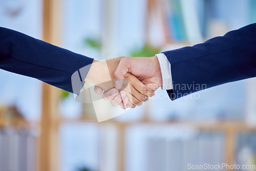 Image of Welcome, hands and handshake closeup by business people in office for interview, meeting or recruitment. Zoom, b2b and team with shaking hands emoji for crm, consulting or integration partnership