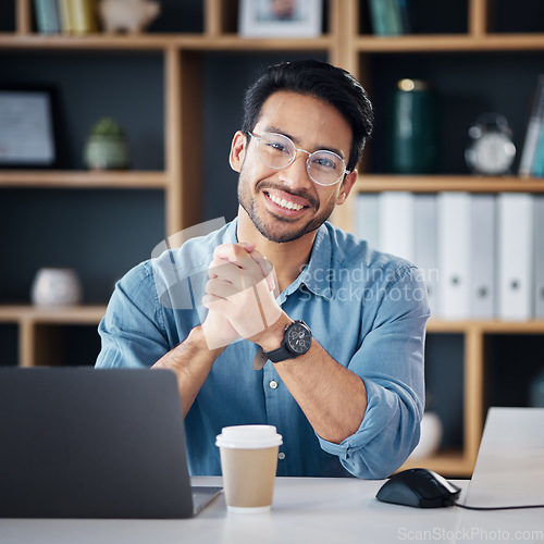 Image of Asian man, portrait smile and financial advisor in small business or networking at office desk. Portrait of creative male analyst in finance, management or economics smiling for startup at workplace