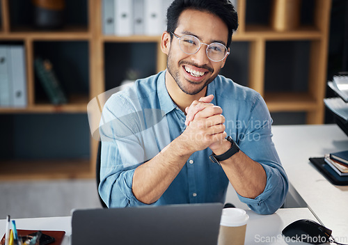 Image of Asian man, portrait smile and small business finance or networking at office desk. Portrait of happy male analyst, financial advisor or accountant smiling in management for startup at workplace