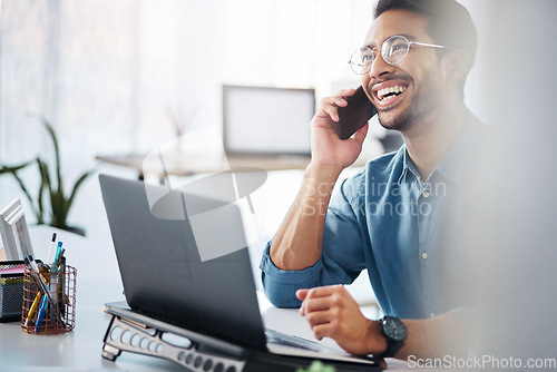 Image of Phone call, laughing and happy businessman networking in company office on mobile conversation as communication. Laptop, cellphone and excited man startup founder in discussion and planning