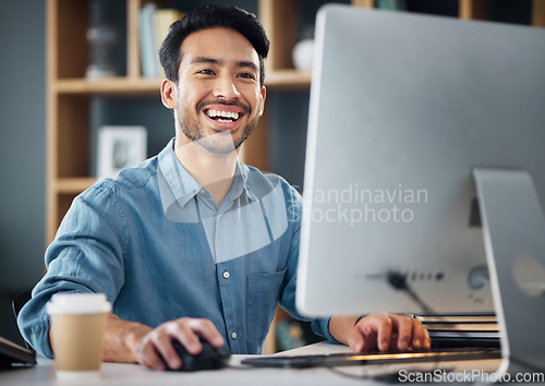 Image of Computer, research and business man in office working online for information technology, internet or global digital company. Asian person or worker planning, reading or editing report on desktop pc