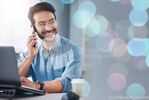 Image of Phone call, laptop and man thinking in business communication, networking and online feedback or news. Creative design, bokeh overlay and asian person talking on cellphone, computer and planning job