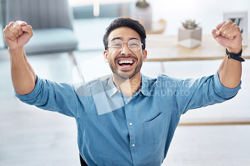 Image of Success happy and asian businessman in office, celebrating and excited for email, review or loan approval. Hands, celebration and corporate male online winner with emoji, wow or winning gesture