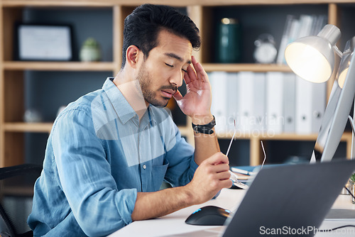 Image of Burnout, headache and tired man on computer with career stress, anxiety or mental health risk in office. Sad business man with depression, migraine and trouble for online job mistake, fail or fatigue