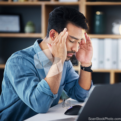 Image of Migraine, headache and tired man with career stress, depressed or mental health risk in office managment. Pain of business person with depression, burnout or anxiety in job mistake, fail or fatigue