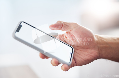 Image of Hands, phone and mockup screen for communication, advertising or digital marketing and networking. Hand holding smartphone with copy space display for mobile app, logo branding or advertisement