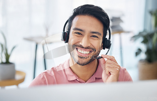 Image of Happy asian man, call center and portrait smile on computer for consulting, customer service or support at office. Friendly male consultant with headphones by PC for telemarketing or online advice