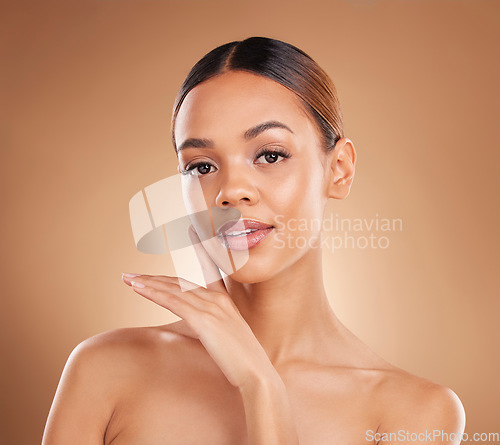 Image of Skincare portrait, natural beauty and woman with soft skin from facial and dermatology. Self care, isolated and studio background with young model feeling face texture after spa and cosmetic wellness