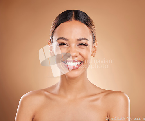 Image of Smile, skincare portrait or happy woman with beauty or smiling young model face on studio background. Dermatology cosmetics, funny or excited beautiful girl with facial treatment or glowing results