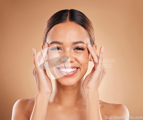 Image of Skincare portrait, natural beauty and woman with skin glow from facial and dermatology. Self care, isolated and studio background with a model feeling face texture after spa and cosmetics treatment