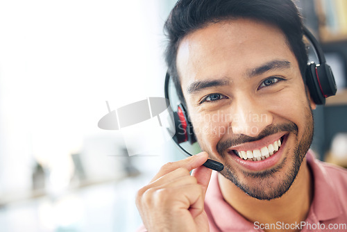 Image of Asian man, call center and face with smile and headset mic for consulting, customer service or support at office. Portrait of happy male consultant with headphones for telemarketing advice on mockup