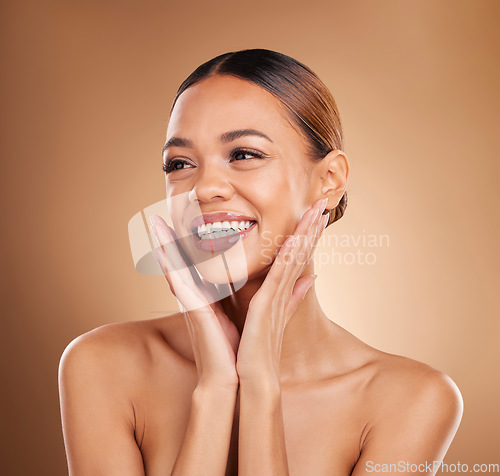 Image of Skincare, beauty wellness and woman with soft skin from facial and dermatology. Self care, isolated and studio background with a young model feeling face texture after spa and cosmetics treatment