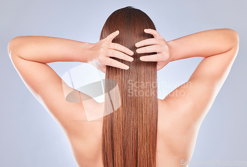 Image of Hair touch, woman and back of a model with beauty, wellness and soft hairstyle texture in a studio. Cosmetics, shampoo treatment and keratin of a female with healthy, clean and haircare aesthetic