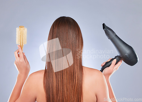 Image of Hairbrush, model hair and back of a woman with beauty and wellness tools for soft hairstyle texture. Balayage, shampoo and keratin of a female with healthy, clean and color shine from salon in studio