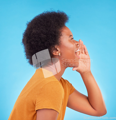 Image of Shout, news and profile of black woman on blue background for announcement, message and alert. Communication, information and girl screaming with hand gesture for opinion, voice and loud in studio