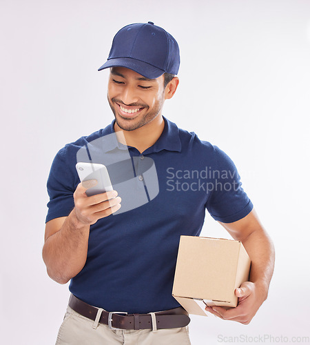 Image of Delivery man, package and smile with phone and box, ecommerce and shipping isolated on white background. Communication, fintech and digital invoice, happy male in studio with logistics and service