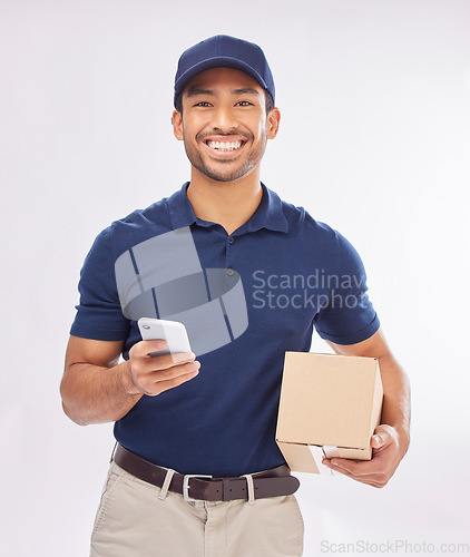 Image of Delivery man, package and portrait, smile with smartphone and box, ecommerce and shipping isolated on white background. Communication, technology and logistics, male in studio with commercial service