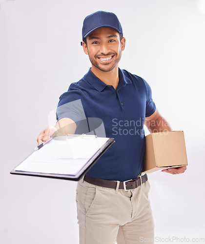 Image of Delivery man, package in portrait and smile, clipboard for signature and box, shipping isolated on white background. Paper invoice, customer to sign and happy male in studio, logistics and service