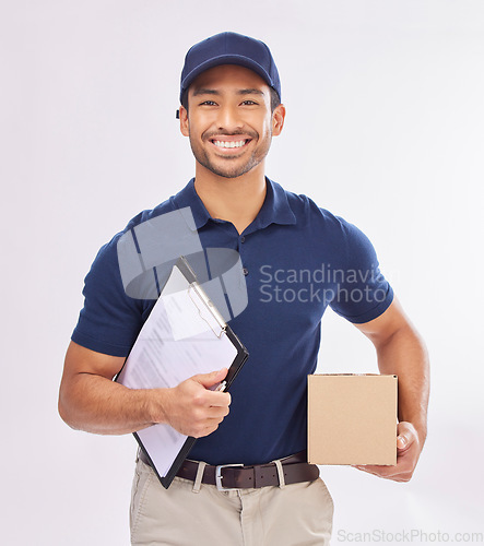 Image of Delivery man, package and portrait, happy and clipboard for signature, shipping box isolated on white background. Paper invoice, customer to sign and male smile in studio, supply chain and logistics