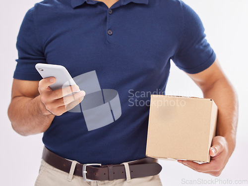 Image of Delivery man with package in hands, phone and box, ecommerce and shipping isolated on white background. Communication, fintech and zoom, digital invoice and male in studio with commercial service