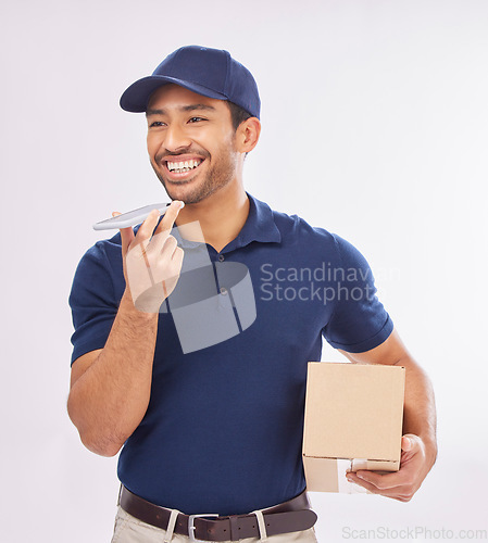 Image of Courier, delivery and Asian man with box, phone call and success against studio background. Male employee, employee and worker with package, parcel and smartphone for conversation, shipping and smile