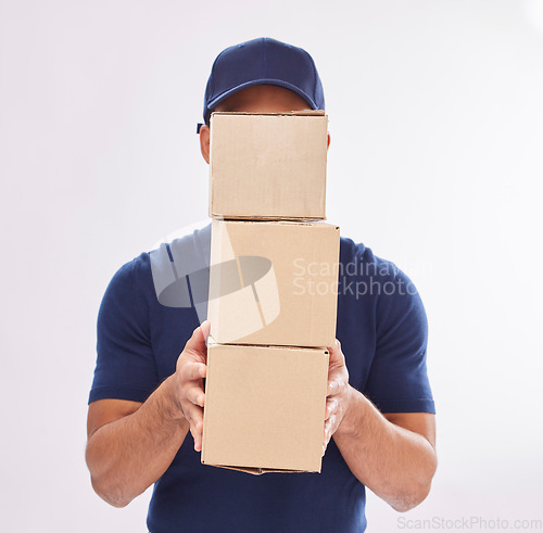 Image of Delivery guy package, shipping boxes and export employee in studio with courier service. Box, supply chain and parcel logistics of a worker with distribution, online shopping and mail services