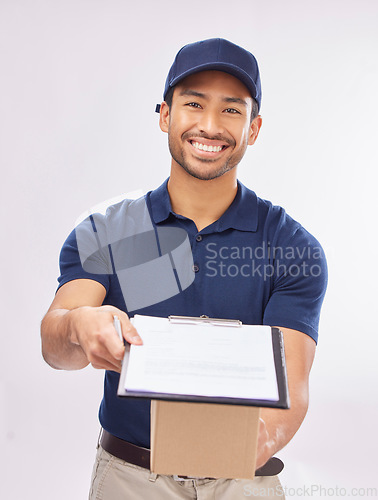 Image of Delivery man, box in portrait and happy, clipboard for signature and package, shipping isolated on white background. Paper invoice, customer to sign and male smile in studio with commercial service