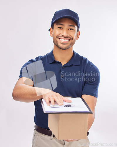 Image of Delivery man, box in portrait and smile, clipboard for signature and package, shipping isolated on white background. Paper invoice, customer to sign and happy male in studio with commercial service