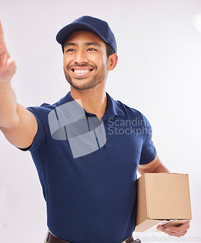 Image of Delivery man, shipping box and smile of a employee in studio with courier service. Happy, retail supply chain and store export of a worker with distribution, online shopping and mail services
