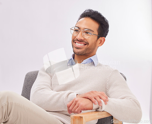 Image of Psychologist thinking, mental health and man with smile in therapy and listen with treatment on studio background. Therapist, counseling and happy male with medical consultation, help and psychology