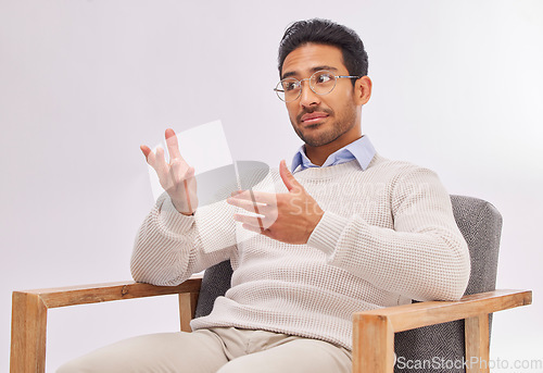 Image of Psychologist, doctor and mental health, man in counselling session and listening with treatment on studio background. Counsellor, therapy and male with medical consultation, help and psychology